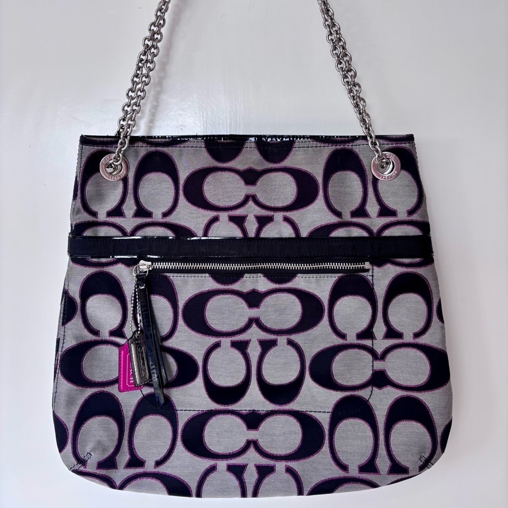 Coach| ‘Poppy’ Black/Silver/Pink Canvas & Leather Shoulder Bag w/Hang Tags